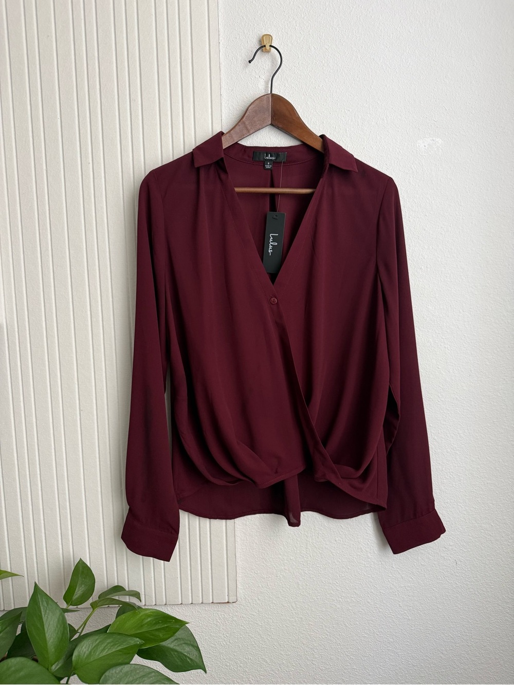 Lulus Perfectly Modern Red Burgundy Long Sleeve Surplice Blouse Top